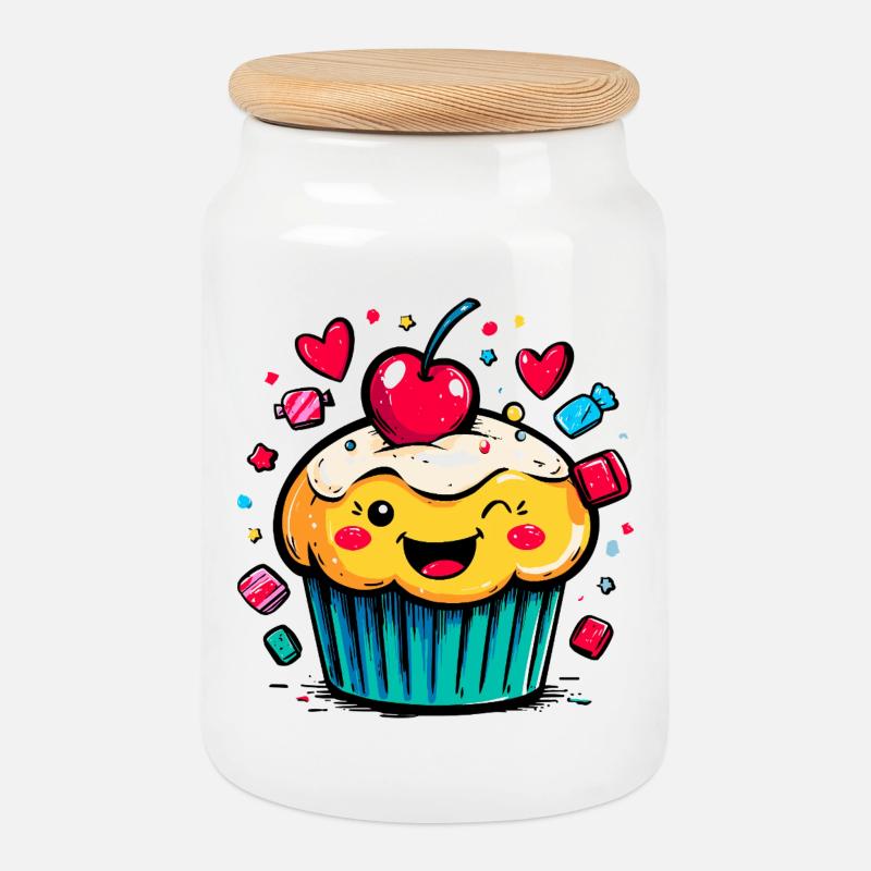 Kawaii Cupcake mit Kirschgesicht - Keksdose mit Holzdeckel - Weiß