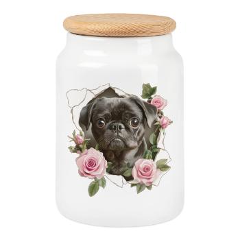 Mops Blumen Vintage - Keksdose mit Holzdeckel - Weiß - Vorne