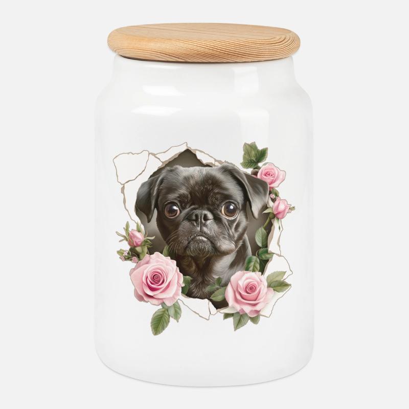 Mops Blumen Vintage - Keksdose mit Holzdeckel - Weiß