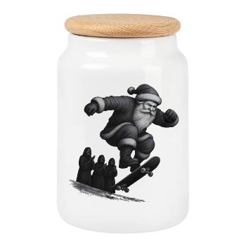 Christmas Skate Santa Jump - Cookie Jar with Wooden Lid - white - Front