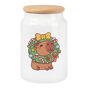 Un capybara mignon avec une couronne de Noël drôle - Boîte à biscuits avec couvercle en bois - blanc - Devant
