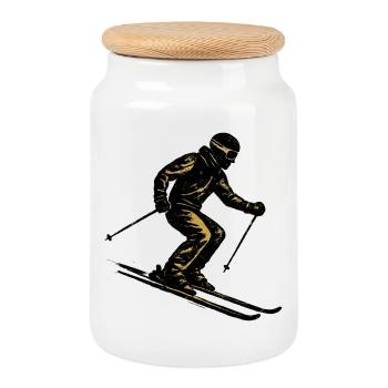 Ski | Skieur | Montagne - Boîte à biscuits avec couvercle en bois - blanc - Devant