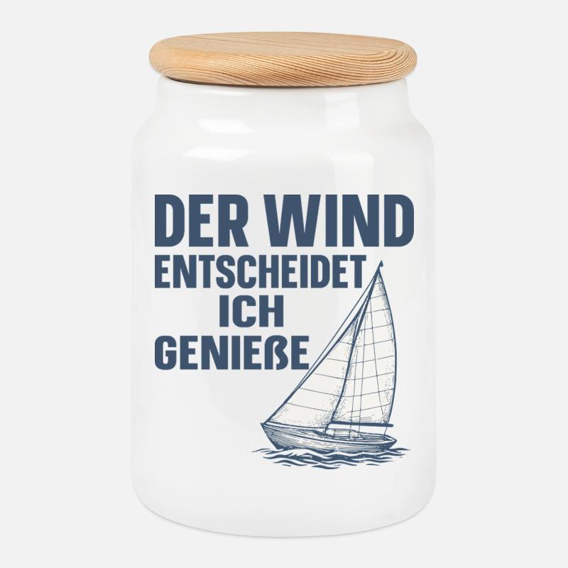 The wind decides, I enjoy. Sail motif - Cookie Jar with Wooden Lid - white