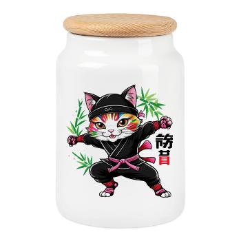 Japanese Kawaii Ninja Cat - Cookie Jar with Wooden Lid - white - Front
