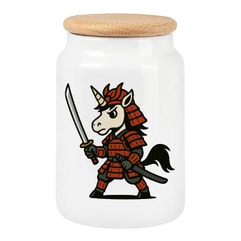 Samurai Unicorn Warrior with Red Armor and Blade - Cookie Jar with Wooden Lid - white - Front