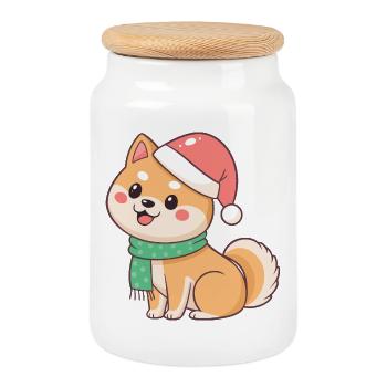 Shiba Noël en bonnet et écharpe - Boîte à biscuits avec couvercle en bois - blanc - Devant