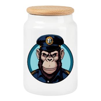 Policeman Monkey - Cookie Jar with Wooden Lid - white - Front