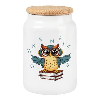 Chouette sur des livres - Boîte à biscuits avec couvercle en bois - blanc - Devant
