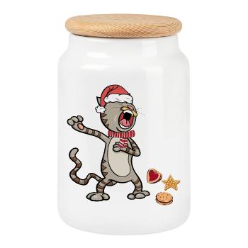 Chat de Noël - Boîte à biscuits avec couvercle en bois - blanc - Devant