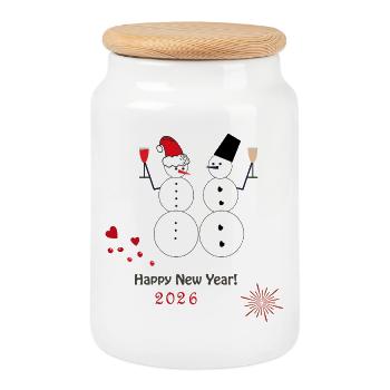 New Year's Snowmen 2026 - Cookie Jar with Wooden Lid - white - Front