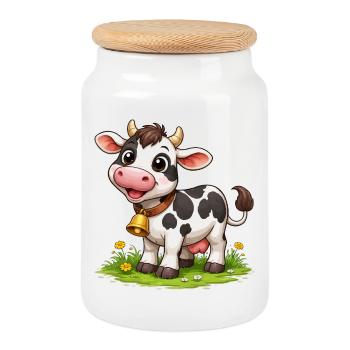 Vache avec des cloches sur le pâturage - Boîte à biscuits avec couvercle en bois - blanc - Devant