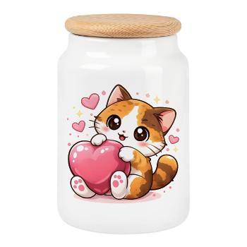 Kuschelnde Kawaii Katzen mit Herz – Cute Cats - Keksdose mit Holzdeckel - Weiß - Vorne
