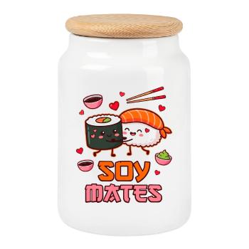 Soy Mates Valentine - Humour drôle de sushi - Boîte à biscuits avec couvercle en bois - blanc - Devant