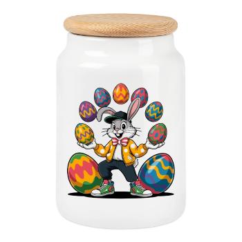 Osterhase mit bunten Eiern - Keksdose mit Holzdeckel - Weiß - Vorne