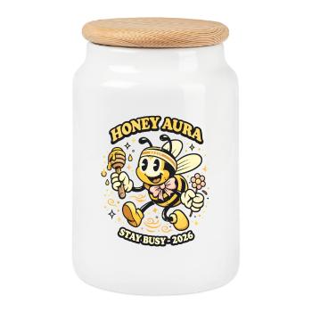 Honey Aura Bee 2026 Stay Busy - Cookie Jar with Wooden Lid - white - Front