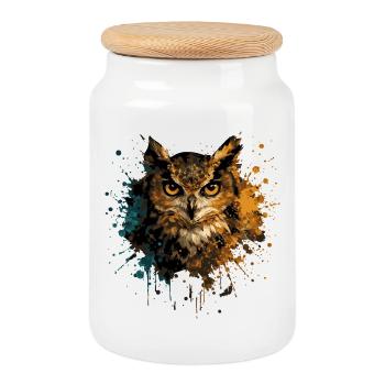 Owl Watercolor – Color Splash Animal Art - Cookie Jar with Wooden Lid - white - Front