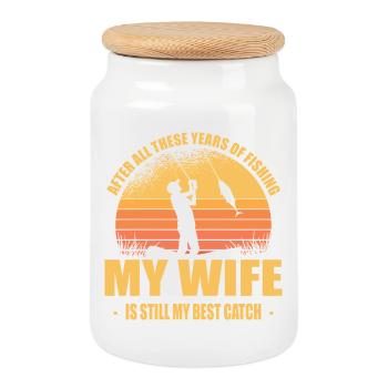 Funny Fisherman Gift Wife & Fishing Outfit - Cookie Jar with Wooden Lid - white - Front