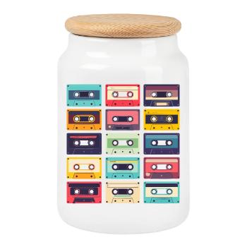 Motif Pop Art des cassettes - Boîte à biscuits avec couvercle en bois - blanc - Devant