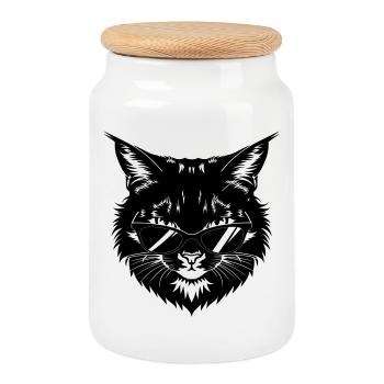 Schwarze Katze mit Sonnenbrille - Keksdose mit Holzdeckel - Weiß - Vorne