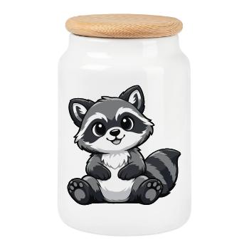 Niedlicher Waschbär Motiv im Cartoon Stil  - Keksdose mit Holzdeckel - Weiß - Vorne
