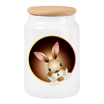 Un lapin curieux sort du terrier du lapin - Boîte à biscuits avec couvercle en bois - blanc - Devant