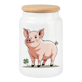 Cuddly Spring Pig Cartoon - Cookie Jar with Wooden Lid - white - Front