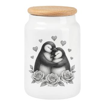Love Duo Penguin Roses - Cookie Jar with Wooden Lid - white - Front
