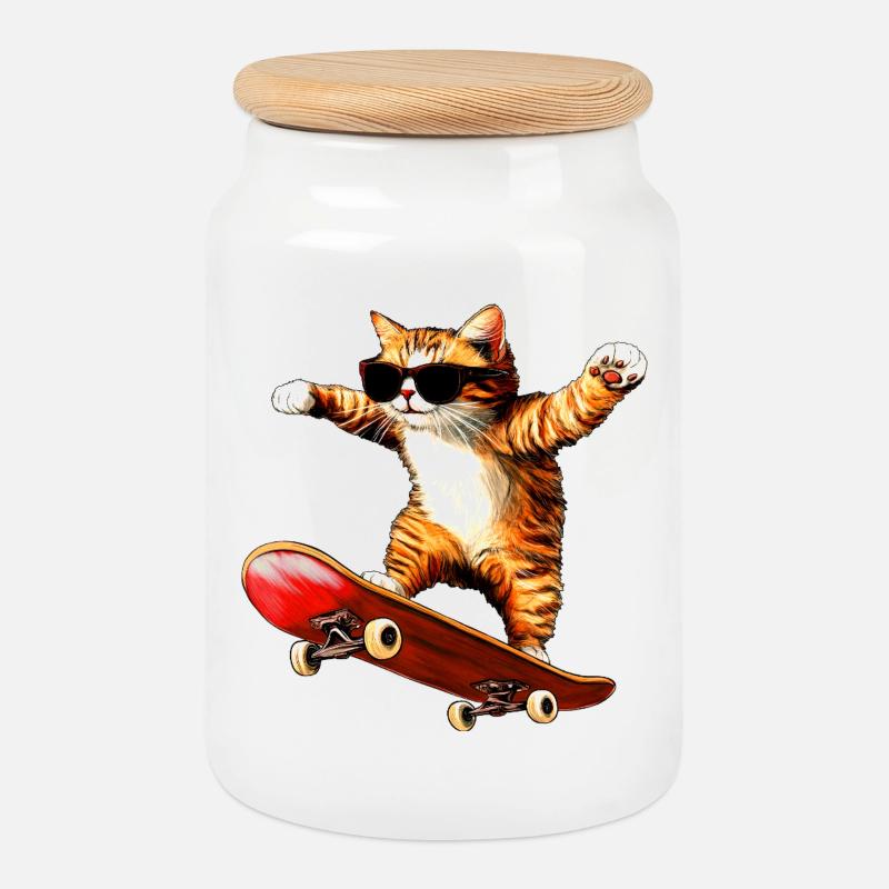Katzen Skateboard - Keksdose mit Holzdeckel - Weiß