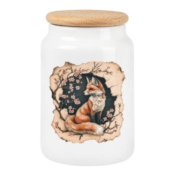 Fox with cherry blossoms - Cookie Jar with Wooden Lid - white - Front