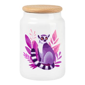 Purple lemur in the Pink Jungle - Cookie Jar with Wooden Lid - white - Front