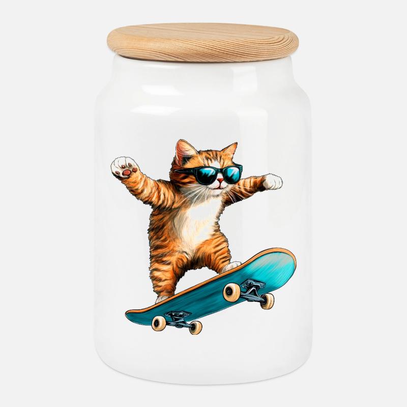 Chat patineur - Boîte à biscuits avec couvercle en bois - blanc
