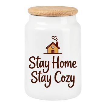 Stay Home Stay Cozy Haus Gemütlichkeit - Keksdose mit Holzdeckel - Weiß - Vorne