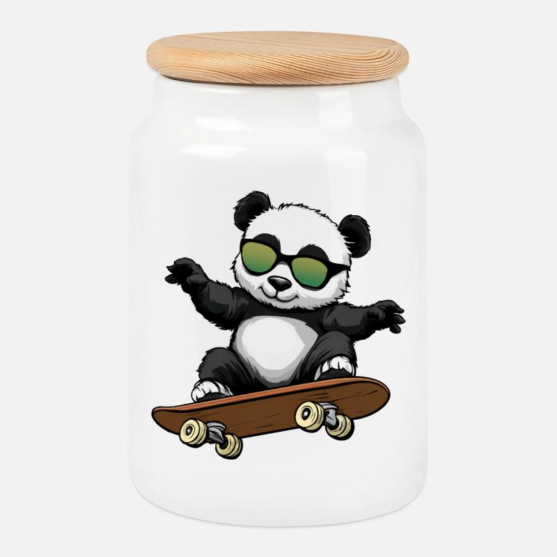 Panda Skateboarder Bär - Keksdose mit Holzdeckel - Weiß