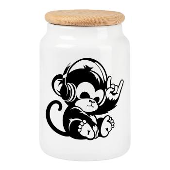 Rock monkey with headphones and rock hand sign - Cookie Jar with Wooden Lid - white - Front