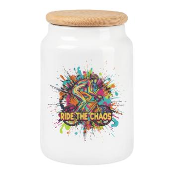 Ride the Chaos Cyclist - Cookie Jar with Wooden Lid - white - Front