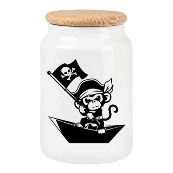 Pirate monkey in paper boat - Cookie Jar with Wooden Lid - white - Front