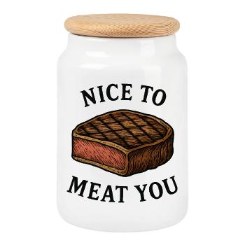Nice to Meat You Steak Graphic - Cookie Jar with Wooden Lid - white - Front