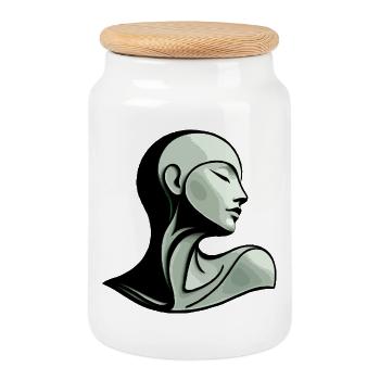 Green Line Portrait in Shadow - Cookie Jar with Wooden Lid - white - Front