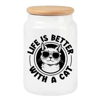 La vie est meilleure avec un chat - Chat avec des lunettes de soleil - Boîte à biscuits avec couvercle en bois - blanc - Devant