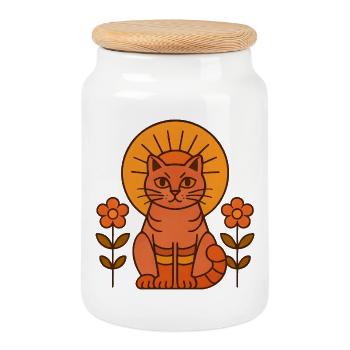 Sonnenkatze mit Blütenkranz - Keksdose mit Holzdeckel - Weiß - Vorne