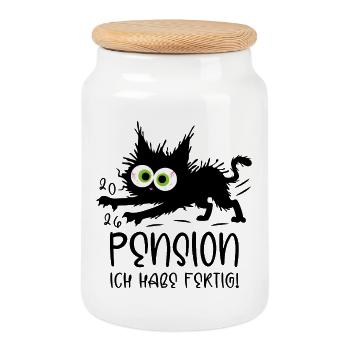 Pension 2026 Ich habe fertig! Gestresste Katze - Keksdose mit Holzdeckel - Weiß - Vorne