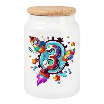 Art de fusées pour le 3e anniversaire - Boîte à biscuits avec couvercle en bois - blanc - Devant