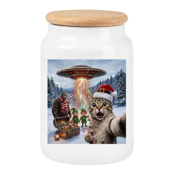Chat de Noël dans un selfie d’OVNI - Boîte à biscuits avec couvercle en bois - blanc - Devant