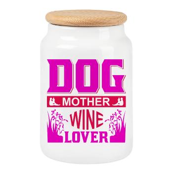 Dog Mother Wine Lover Funny Mom Shirt - Cookie Jar with Wooden Lid - white - Front