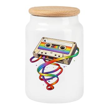 Cassette rétro avec ruban arc-en-ciel - Boîte à biscuits avec couvercle en bois - blanc - Devant