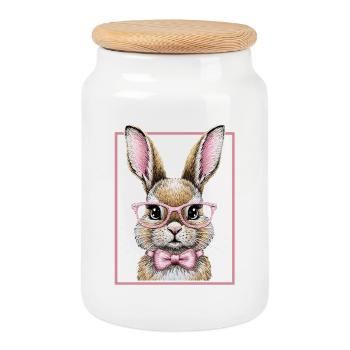 Petit lapin mignon avec des lunettes – Design de lapin drôle - Boîte à biscuits avec couvercle en bois - blanc - Devant