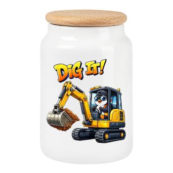 Cute Penguin Cartoon Excavator Driver Construction Equipment Operator - Cookie Jar with Wooden Lid - white - Front