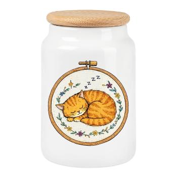 Le chat endormi dans le cercle floral - Boîte à biscuits avec couvercle en bois - blanc - Devant
