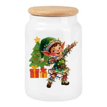 Dabbing Elf Fairy Lights Christmas Dancing - Cookie Jar with Wooden Lid - white - Front