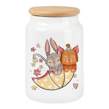 Lapin et chien avec un parapluie - Boîte à biscuits avec couvercle en bois - blanc - Devant